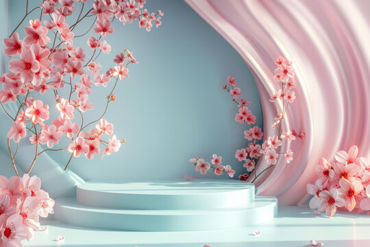 粉嫩櫻花花海展示臺(tái)背景圖