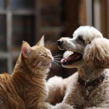 一只橘貓和一只白色貴賓犬依偎在沙發(fā)上