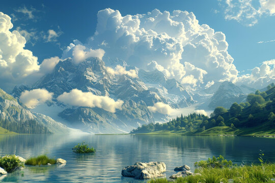 云霧繚繞下的山湖美景