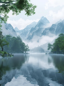 云霧繚繞的山湖美景圖畫