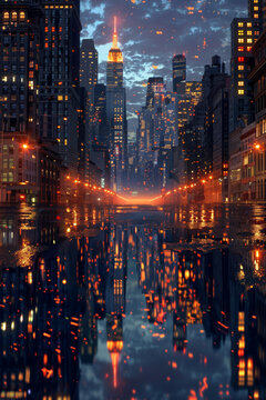 夜晚城市倒影之美景