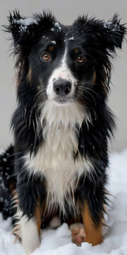 邊境牧羊犬坐在雪地里