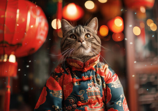 一只身穿中國傳統(tǒng)服飾的貓坐在紅燈籠前
