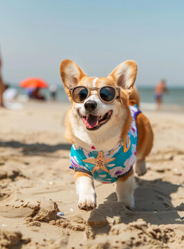 一只戴著太陽鏡的快樂柯基犬在海灘上奔跑