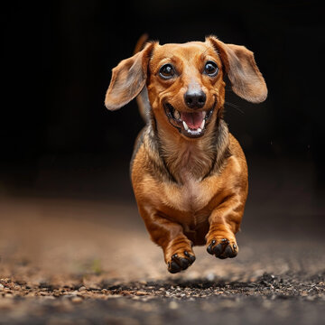 一只快樂的棕色臘腸犬在公園里奔跑