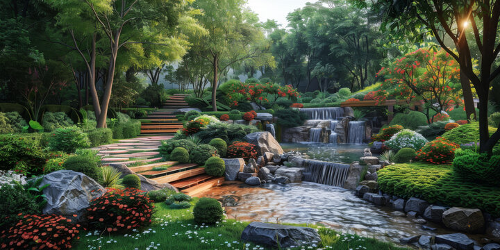 寧靜的日式花園景觀圖