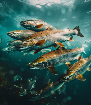 一群鮭魚在河里游泳