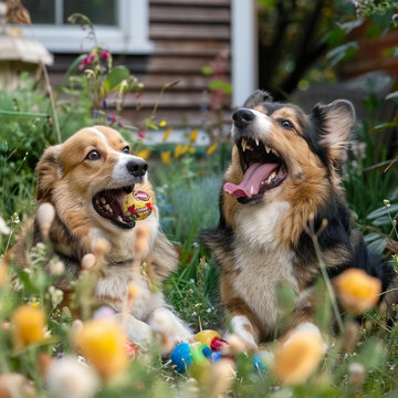 兩只彭布羅克威爾士柯基犬在花園里玩球