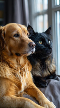 一只金毛獵犬和一只黑貓坐在沙發(fā)上望向窗外