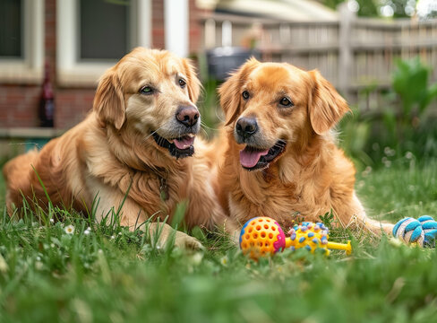 兩只金毛獵犬在草地上玩耍
