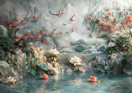 中國風山水瀑布及鯉魚圖