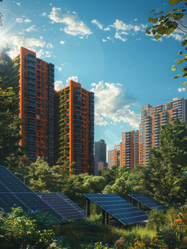 綠色城市擁有太陽(yáng)能電池板和垂直花園
