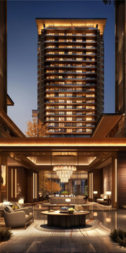 現(xiàn)代奢華酒店大堂及高層建筑景觀