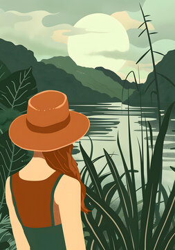 戴帽子的女人在湖邊欣賞山景