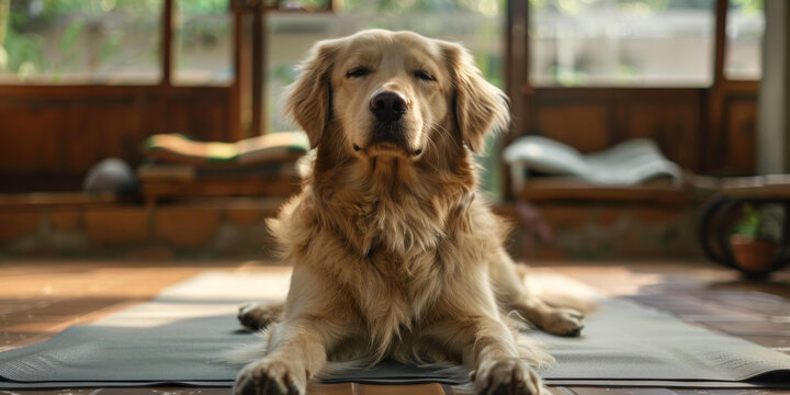 一只金毛獵犬在瑜伽墊上休息