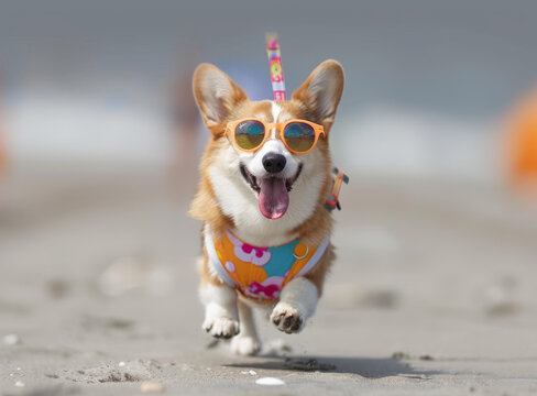 一只戴著太陽鏡的快樂柯基犬在海灘上奔跑