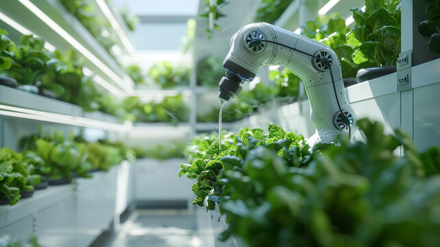 機(jī)器人正在給溫室里的植物澆水