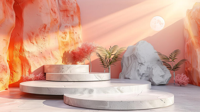 粉嫩桃色夕陽(yáng)下的白色大理石展臺(tái)