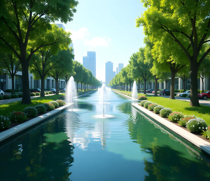 現(xiàn)代城市運河噴泉及茂盛景觀