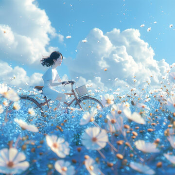 女孩騎車穿過(guò)花海