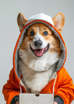 一只戴著橙色連帽衫和白色帽子的快樂柯基犬
