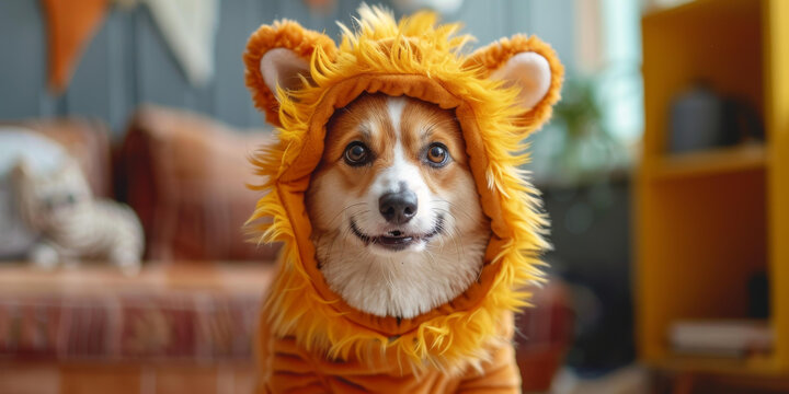 一只可愛的小柯基犬戴著獅子服裝