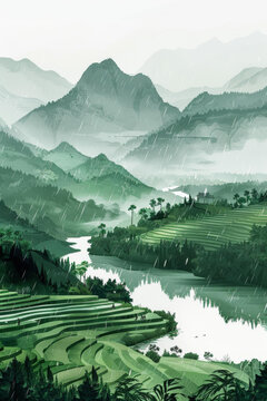 綠色的山谷有河流和山脈在背景中