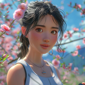 櫻花樹下的亞洲女孩