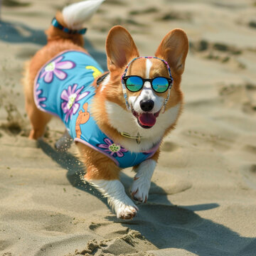 一只戴著太陽鏡的快樂柯基犬在海灘上奔跑