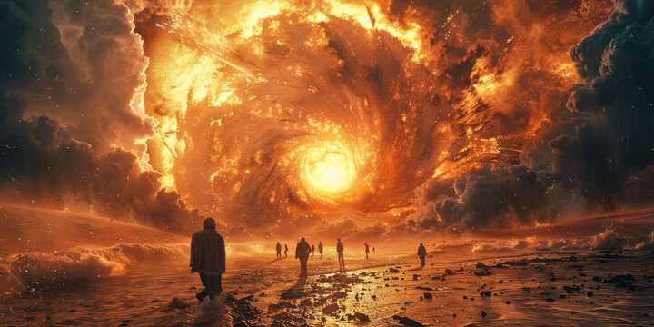 一群人走向天空中的一個入口