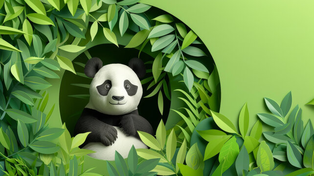 一只可愛的大熊貓坐在郁郁蔥蔥的綠色叢林中