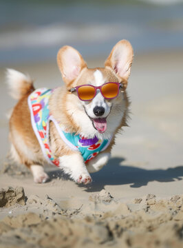 一只戴著太陽鏡的快樂柯基犬在海灘上奔跑