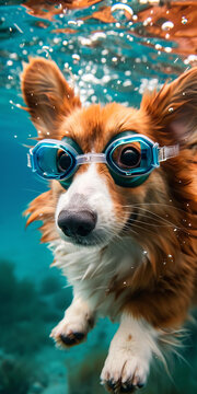 一只可愛的小柯基犬戴著游泳鏡在水下游泳