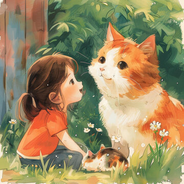 小女孩和小貓玩耍