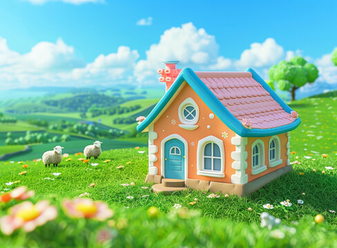 卡通房子在草地上