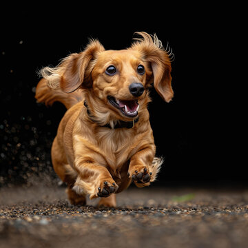 一只快樂的棕色臘腸犬在公園里奔跑