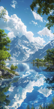 云霧繚繞的雪山湖泊美景
