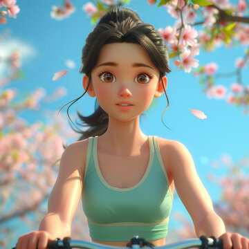 櫻花公園騎行的女孩