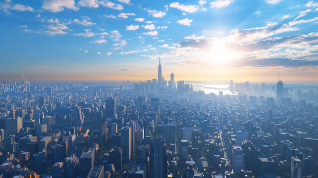 朝陽下的城市地平線全景