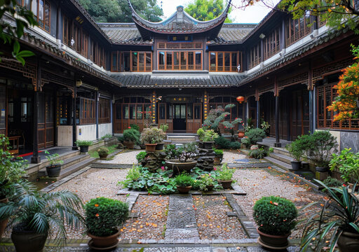 中國傳統(tǒng)庭院建筑與茂盛的綠植