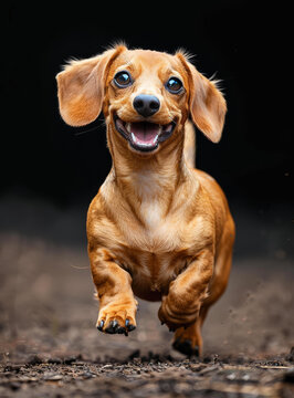 一只快樂的棕色臘腸犬在公園里奔跑