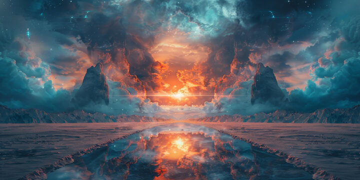 在星空下聳立的兩座巨山前面有一條河流