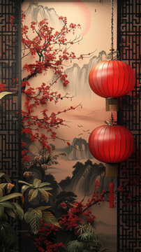 中國風室內(nèi)裝飾紅燈籠和櫻花