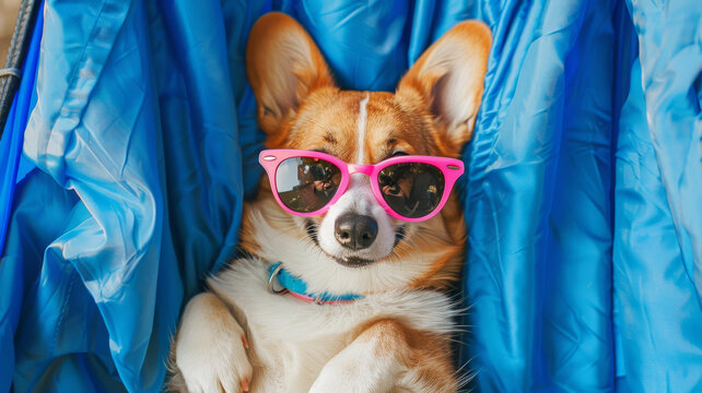一條戴著太陽鏡的可愛柯基犬躺在藍(lán)色吊床上