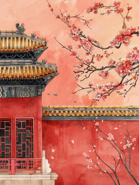 中國古代建筑與粉色梅花