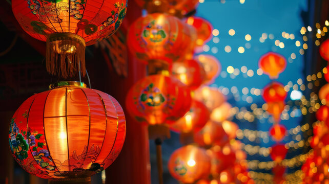 大紅燈籠高高掛起照亮了街道烘托了節(jié)日氣氛