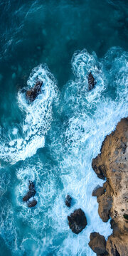 從高空俯瞰海浪拍打巖石