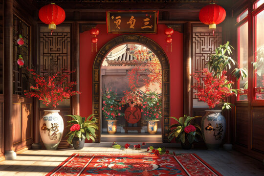 中式庭院紅燈籠裝飾