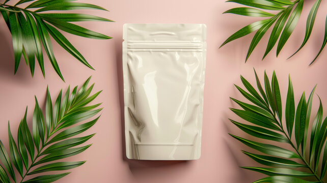 空白的白色塑料袋與綠葉