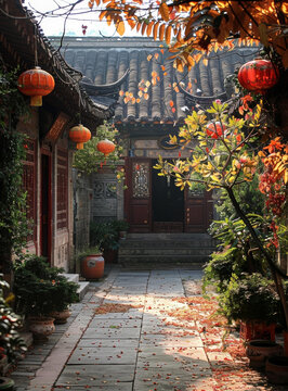 中國庭院紅燈籠和秋葉